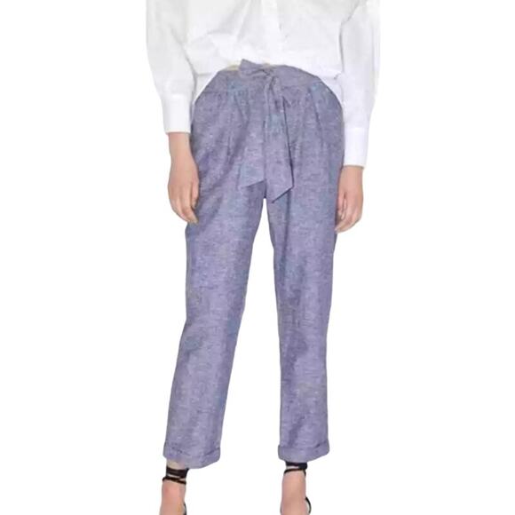 Zara Womens XS Linen crop elastic waist pants Blue Chambray Pull On - Picture 1 of 9